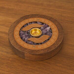 Handcrafted Wooden Incense Holder with Natural Amethyst Crystal – Spiritual Deco
